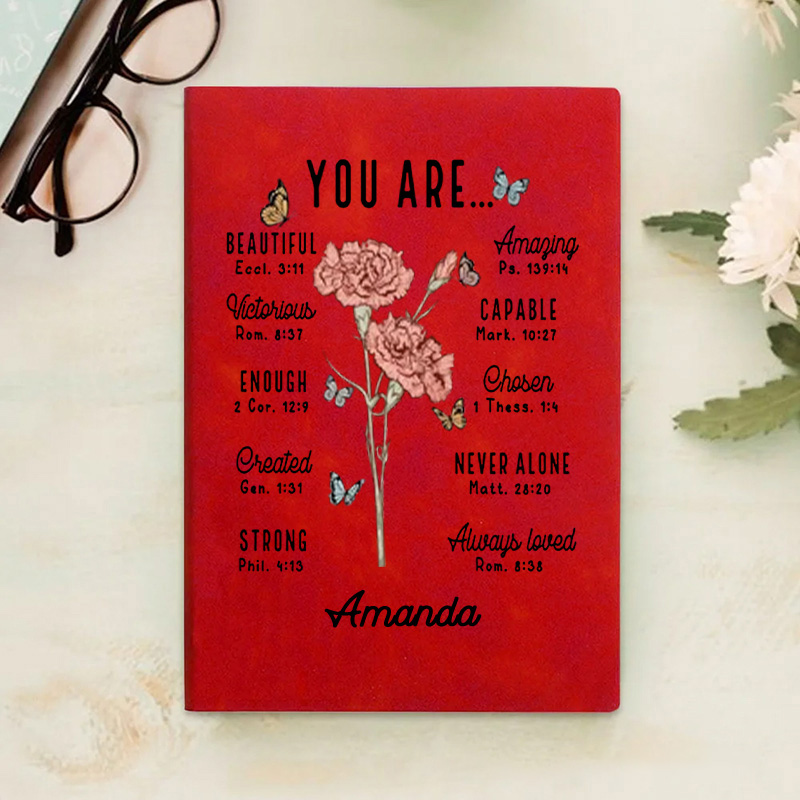 Personalized Birth Flower Bible Verse Prayer Journal Leather A5 Notebook with Name Baptism Birthday Gift for Women Christians