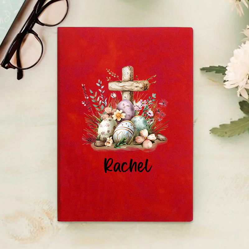 Personalized Floral Cross Easter Eggs Prayer Journal Leather A5 Notebook with Name for Church Bible Study Easter Gift for Family Friends Christian