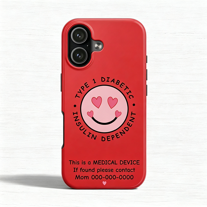 Personalized Smile Hearts Type 1 Diabetic Phone Case, Insulin Dependent Medical Alert, Medical Device