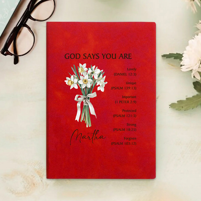 Personalized God Says You are Lovely Prayer Journal Leather A5 Notebook with Birth Flower Bouquet and Name Baptism Birthday Gift for Christians Women
