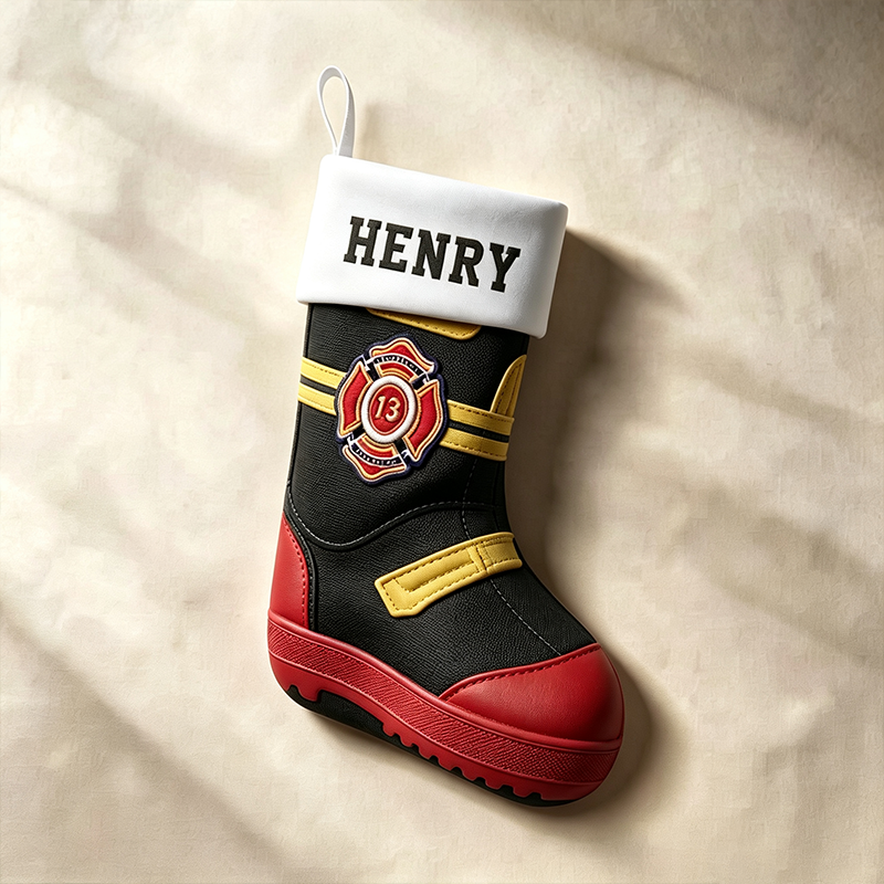 Personalized Firefighter Boot Christmas Stocking, Custom Name Fireman Christmas Stocking, Fire Department Xmas Sock, Firefighter Family Christmas Decor, Custom Holiday Gift