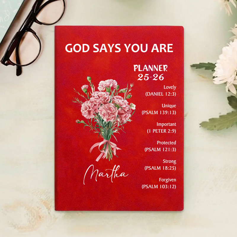 Personalized Flower Bouquet Bible Verse Planner 25-26 Leather A5 Notebook with Name Weekly Monthly Planning Birthday Religious Gift for Family Friends