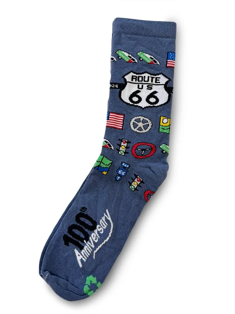 Route 66 Novelty Crew Socks, US Highway 66 Road Trip Retro Socks, Car Travel American Flag Graphic Socks, Fun Gift for Road Lovers