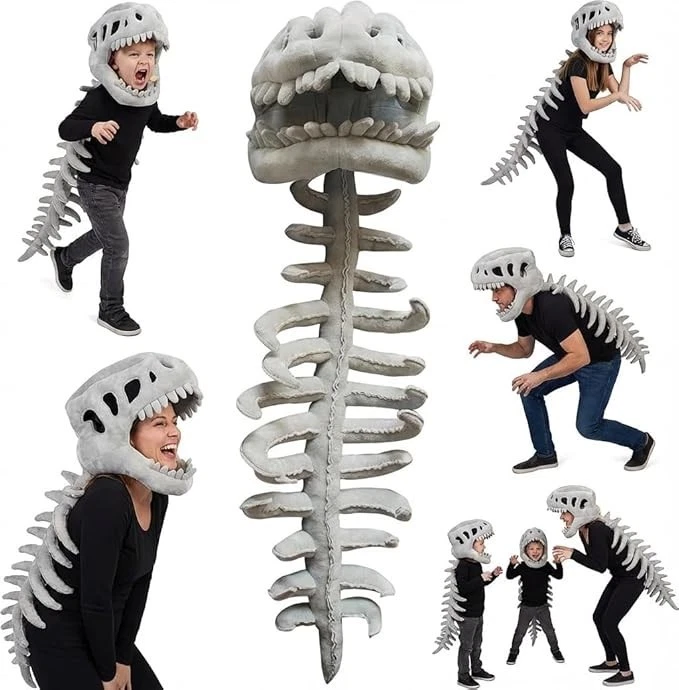 3D Dinosaur Skeleton Plush Hat with Long Spine Tail, Funny Giant Dino Bone Headwear, Halloween Cosplay Costume Novelty Photo Prop Party Dress-up Accessory