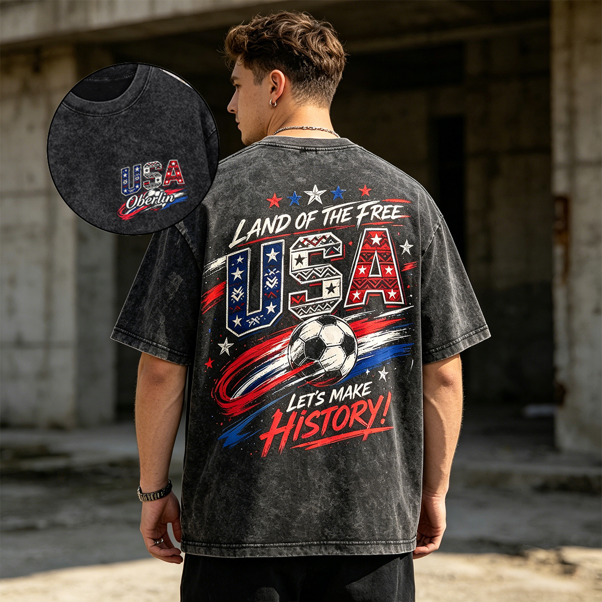 Personalized Football Washed T-shirt Land Of The Free Let’s Make History Custom Name Gift for USA Football Fnas