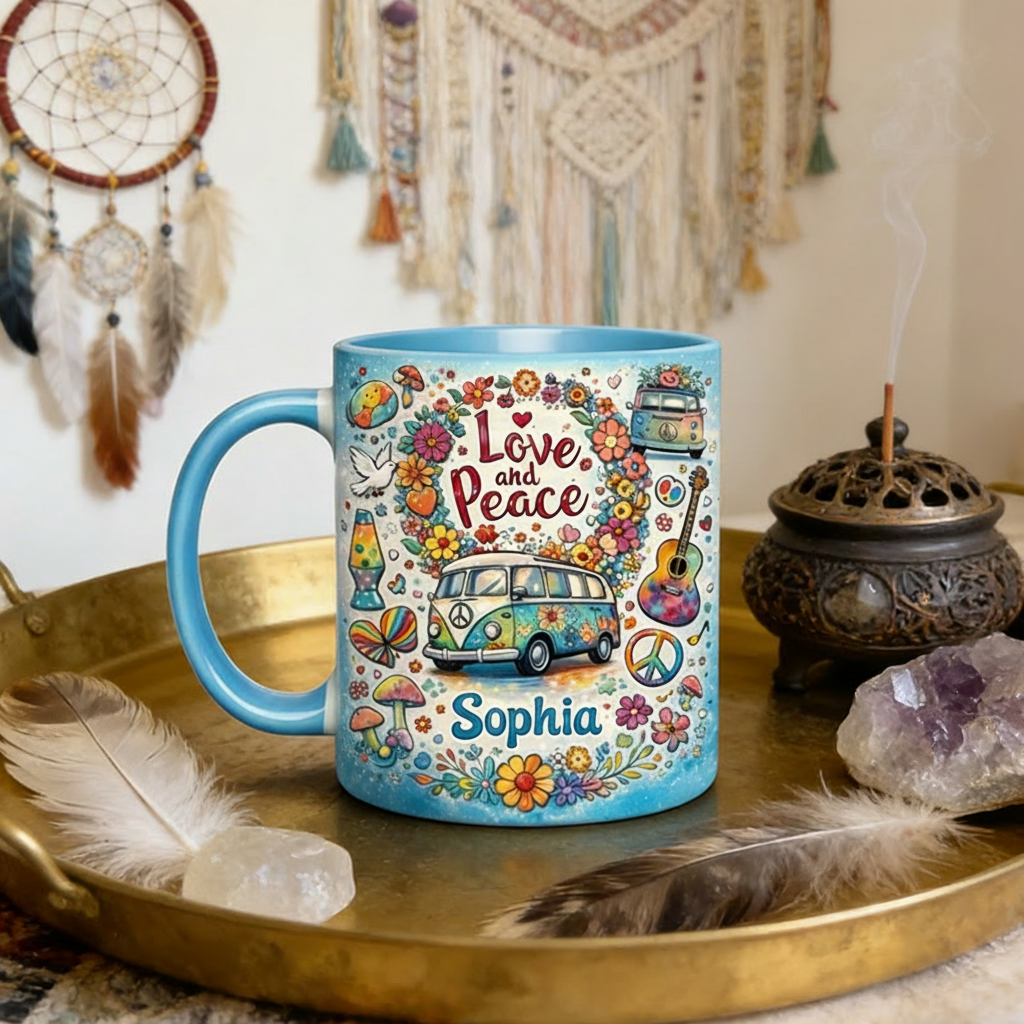 Personalized Hippie Guitar Music Mug Custom Name Colorful Hippie Car Hippie Coffee Mug Bohemian Coffee Mug