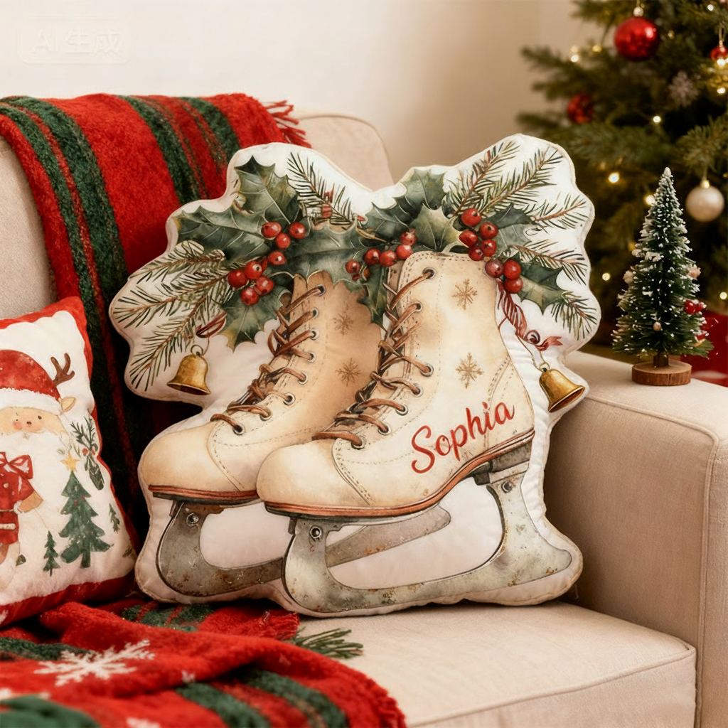 Personalized Graphic 3D Print Christmas Ice Skates Shaped Pillow for Ice Skate Lovers Pillow Christmas Gift for Kids