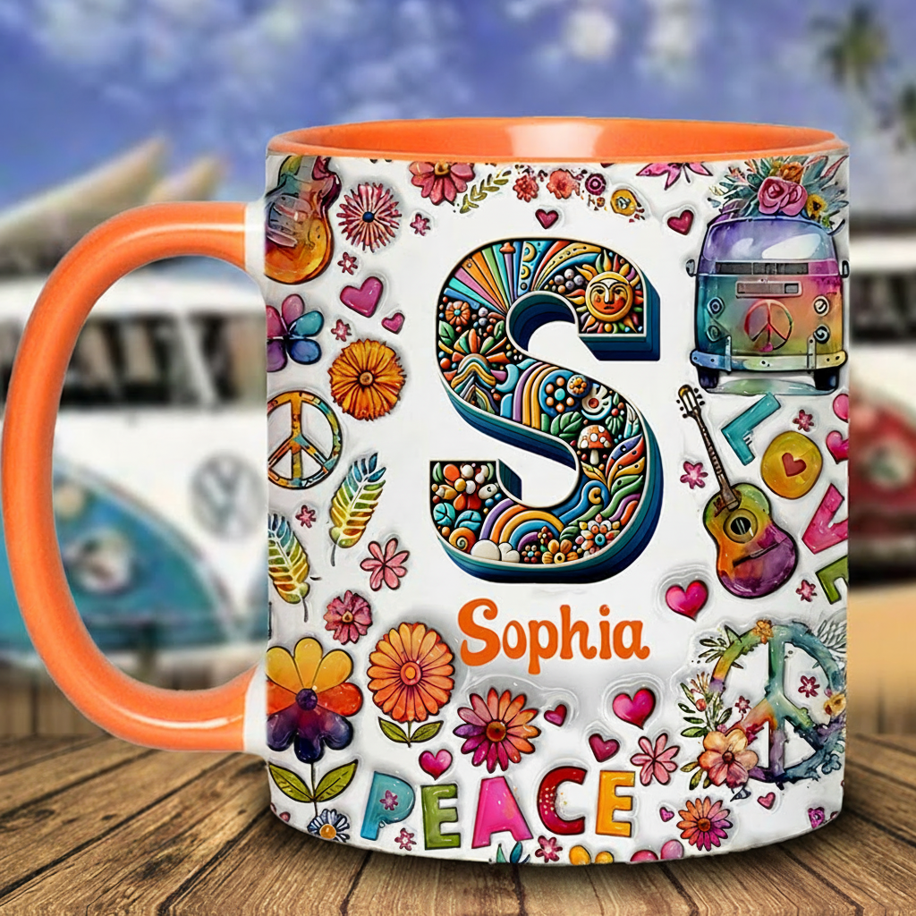 Personalized Hippie Soul Personalized name and Initial Letter mug Hippie Accent Mug for Holiday Decor Family Gifts and Party Favors
