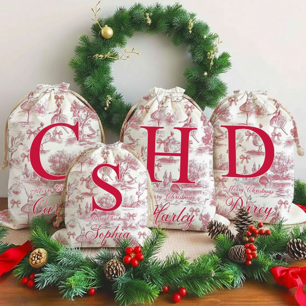 Personalized Vintage Toile De Jouy Ballet Initial Canvas Drawstring Gift Bag with Name Christmas Gift for Family Friends Dance Lovers