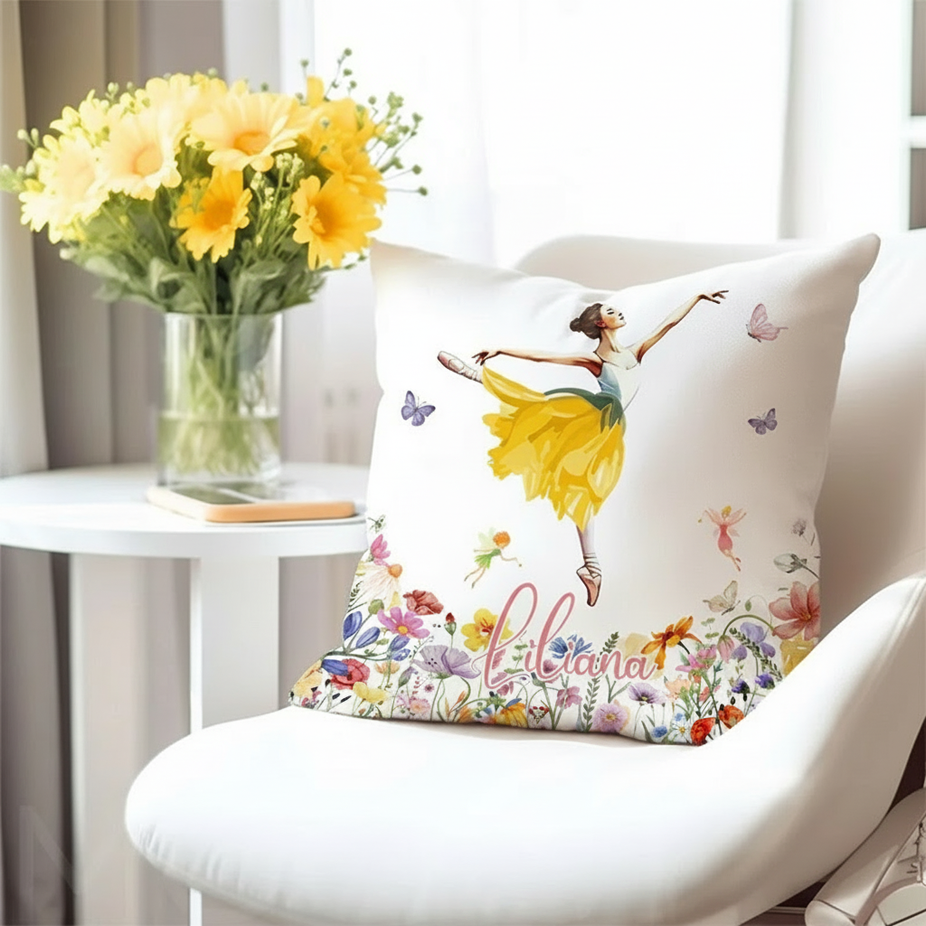Personalized Birth Flower Butterfly Ballet Girl Throw Pillow Home Decor Birthday Gift for Girls Women Dancers