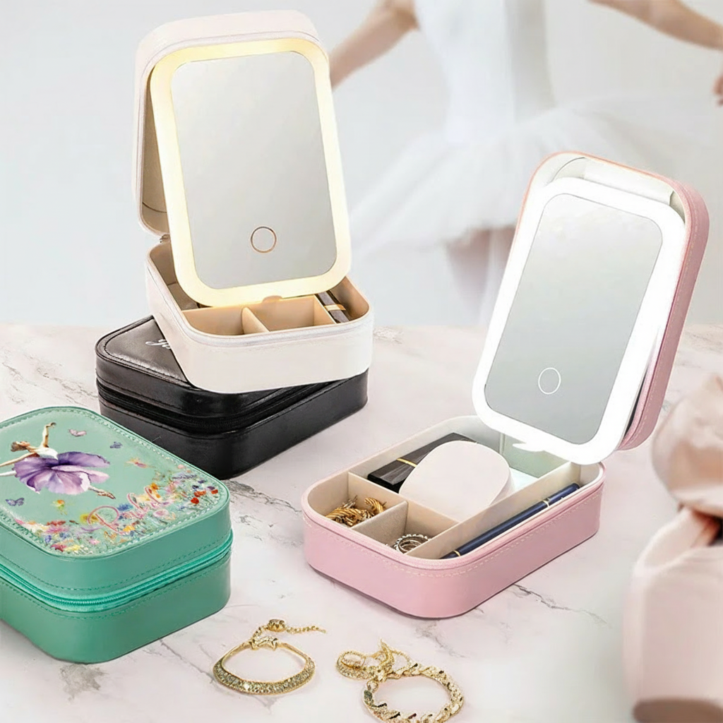 Personalized Birth Flower Butterfly Ballet Girl Leather Jewelry Box with LED Makeup Mirror Hair Pin Case Birthday Wedding Gift for Women