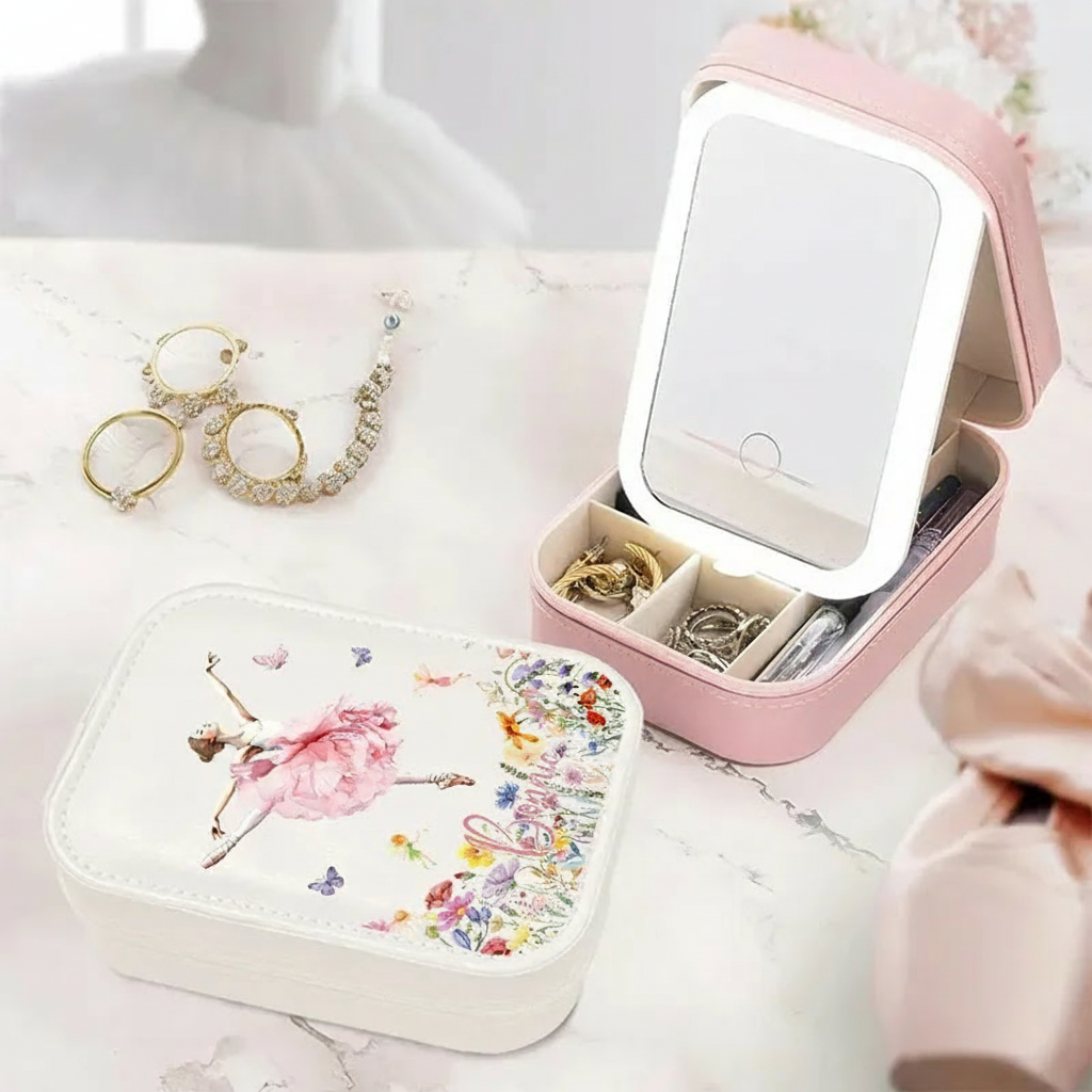 Personalized Birth Flower Butterfly Ballet Girl Leather Jewelry Box with LED Makeup Mirror Hair Pin Case Birthday Wedding Gift for Women