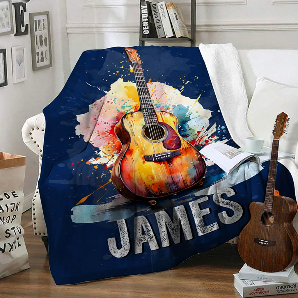 Personalized Multicolor Splash Ink Electric Guitar Soft Throw Blanket with Name Music Room Decor Gift for Guitar Player