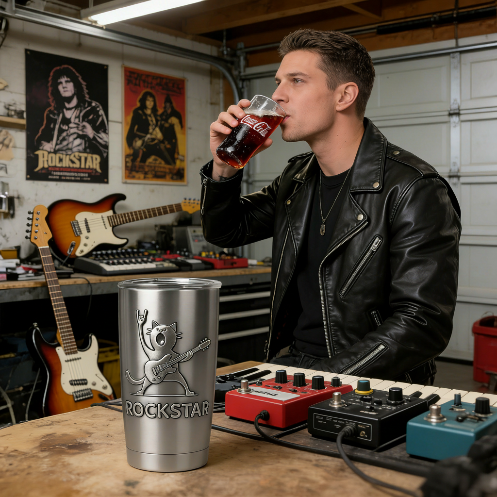 Personalized Rock Cat Stainless Steel Tumbler Custom Name Gift for Guitarists Band Members Music Lovers for Performances Birthdays Holiday Parties