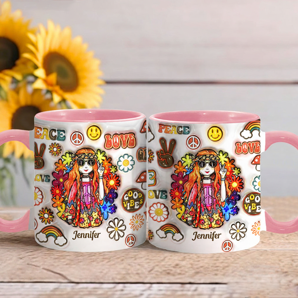Personalized Name Hippie Accent Mug Hippie Girl Hippie Soul Peace Love Mug for Music Lover Gift