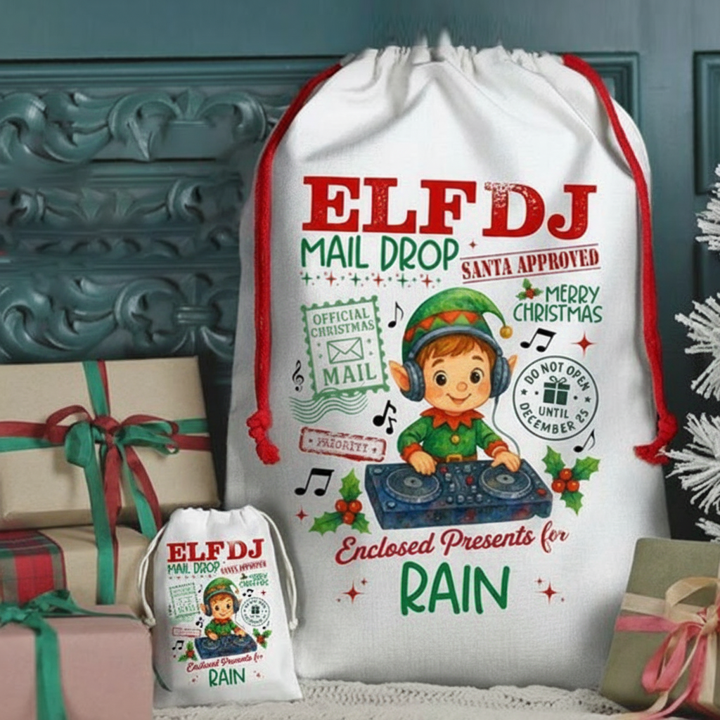 Personalized Elf Santa Bag Custom Christmas Gift Bag for Kids Music Lover Custom Name Gift Bag for Boys Christmas Gift Sack Xmas Presents Sack