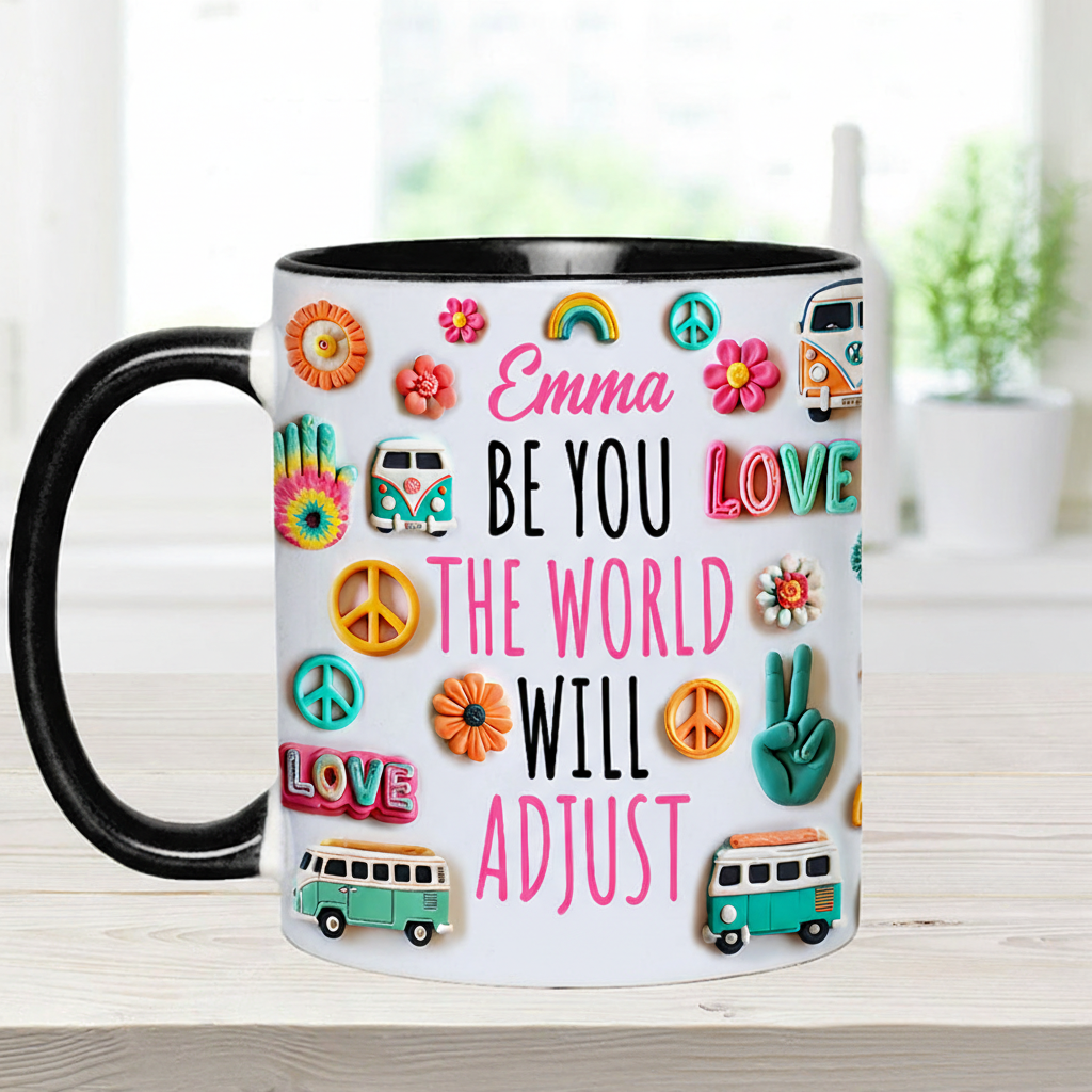 Personalized Name Hippie Accent Mug Be You the World Adjust Gift Hippie Lover Gifts Colorful Hippie Coffee Mug Bohemian Coffee Mug