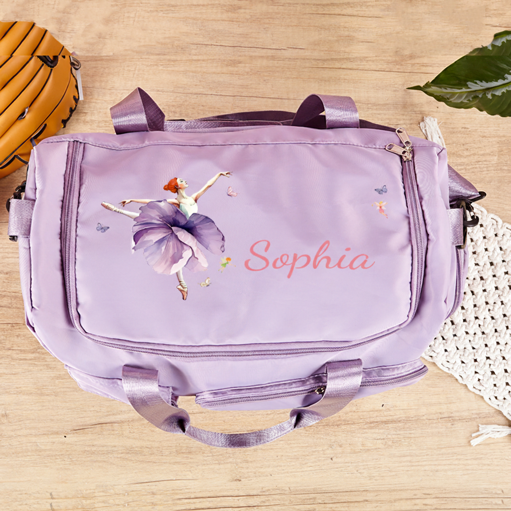 Personalized Ballet Girl Birth Flower Butterfly Waterproof Large Travel Duffle Bag Dance Bag with Shoe Compartment and Shoulder Strap for Dance Lover
