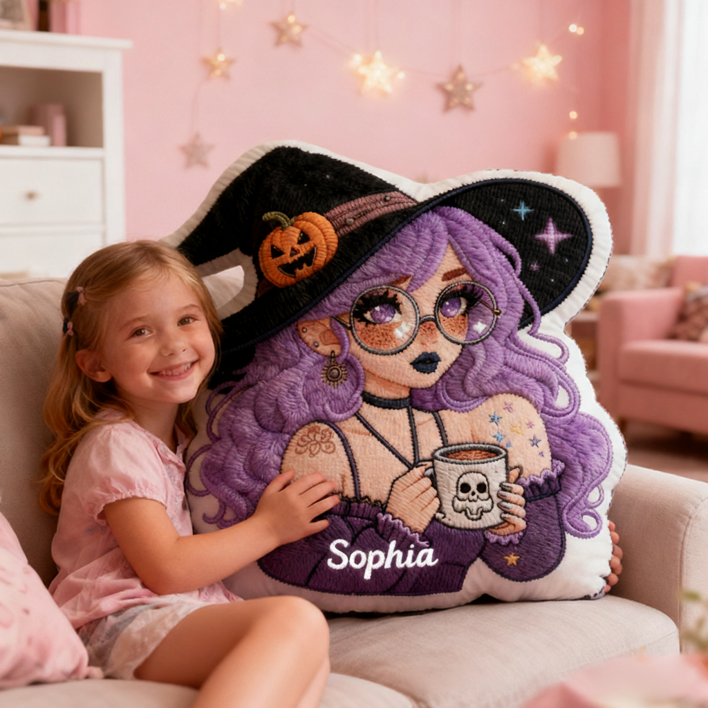 Personalized Witch Themed Pillow Custom Name Halloween Aesthetic and Whimsical Fantasy Style Graphic 3D Print Pillow