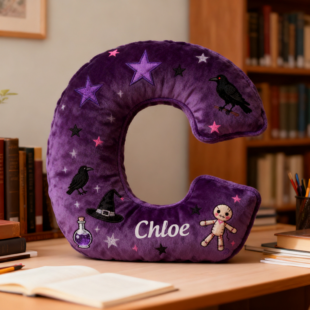 Personalized Purple Letter Pillow with Name Purple Witchy Theme and Mystical Design Graphic 3D Print Pillow