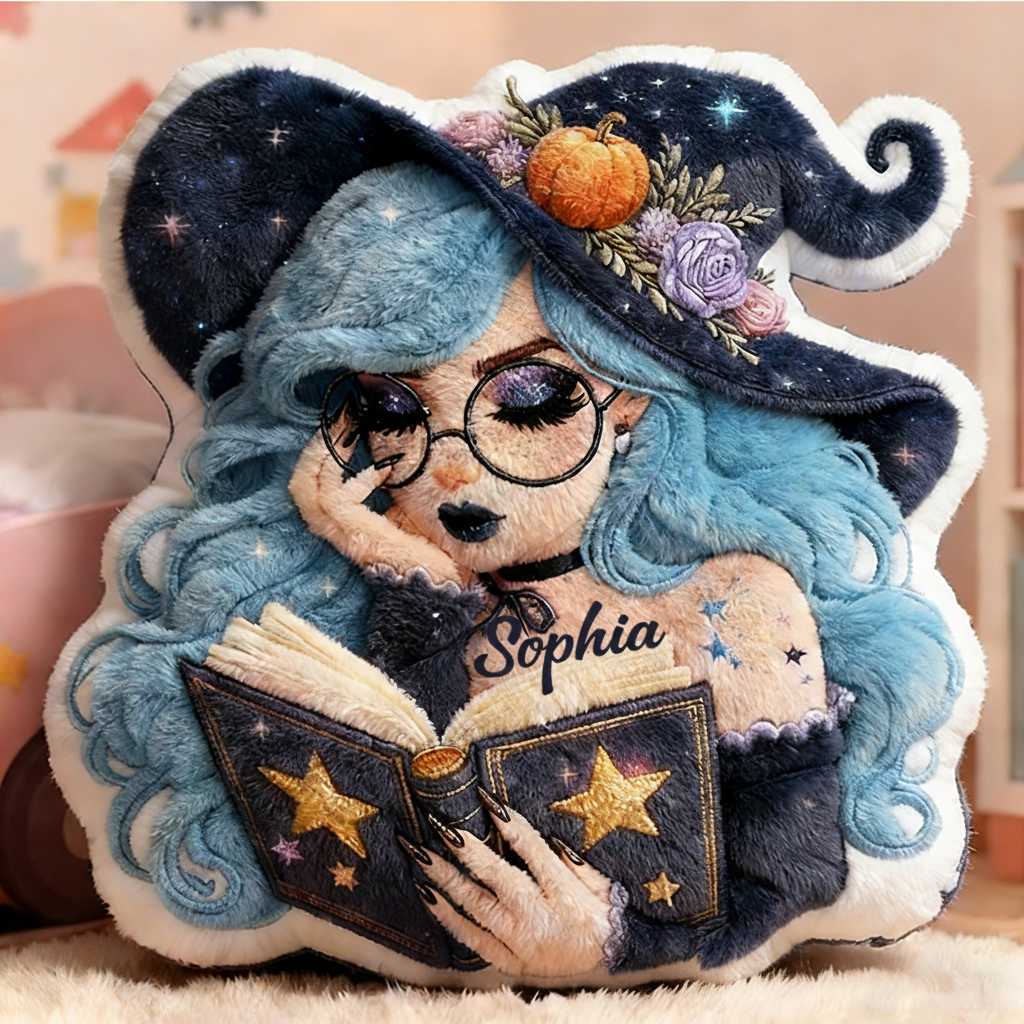 Personalized Name Witch Pillow with Magic Booka and Enchanting Mystical Design Graphic 3D Print Pillow for Kids