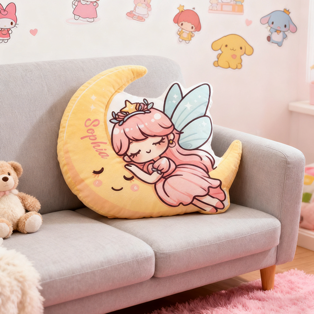 Personalized Name Moon and Pink Princess Pillows with Sparkling Wings Star Crown and Whimsical Pastel Dream Design Graphic 3D Print Pillow for Kids