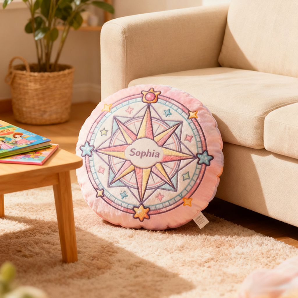 Personalized Round Pink Christmas gift Pillow with Star Compass Pastel Colors Magical Design and Cute Decorative Elements Graphic 3D Print Pillow
