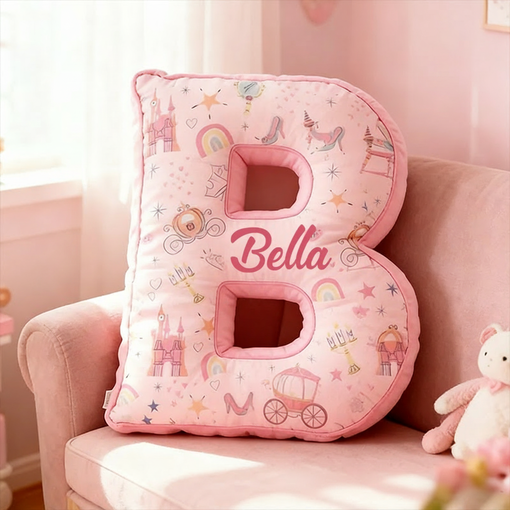 Personalized 26 Letters Christmas Gift Pink Pillow with Castles Rainbows Stars and Whimsical Fairy Tale Design Graphic 3D Print Pillow for Kids
