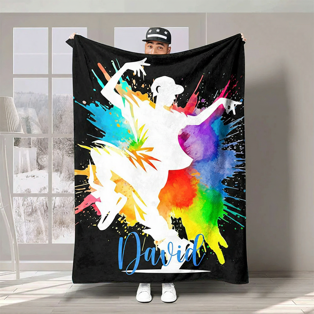 Personalized Colorful Splash Ink Hip Hop Boy Girl Blanket Flannel Blanket Dance Lover Blanket with Name