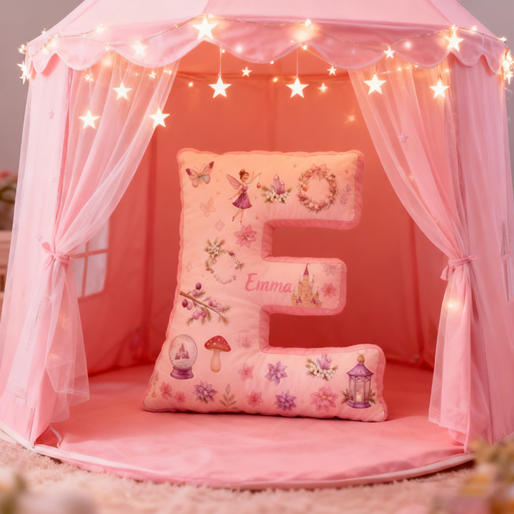 Personalized 26 Letters Pillow with Castles Butterflies Flowers Snow Globes Lanterns and Whimsical Pastel Fairy Tale Design Graphic 3D Print Pillow