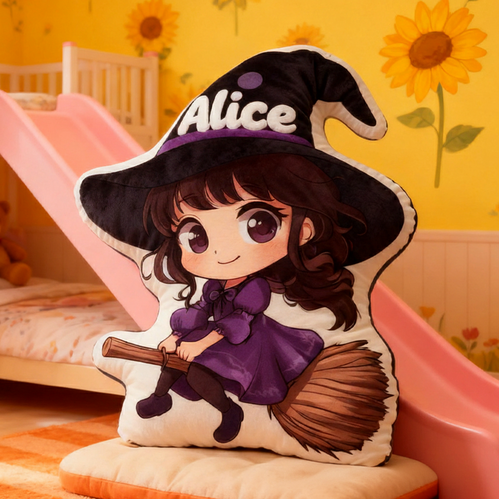 Personalized Graphic 3D Print Magic Witch Pillow with Your Name Soft Stuffed Toy for Kids Unique Decorative Cushion for Girls' Room