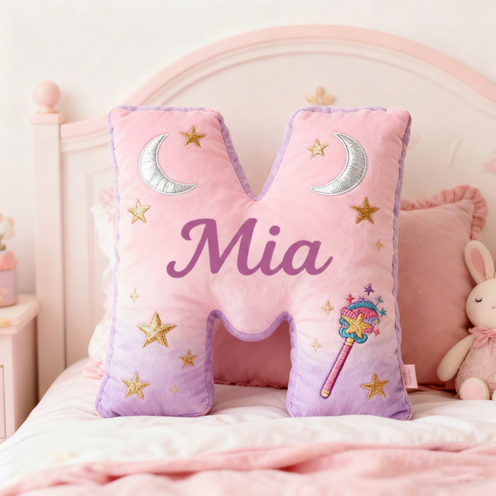 Personalized Graphic 3D Print Magic Fairy Wand Letter Pillow with Your Own Name Soft Stuffed Toy for Kids Unique Decorative Cushion for Girls' Room