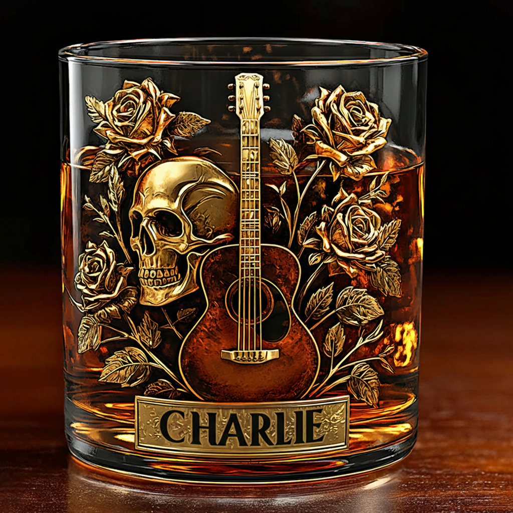 Personalized Name Guitar Skull & Roses Whiskey Glass for Music Lover