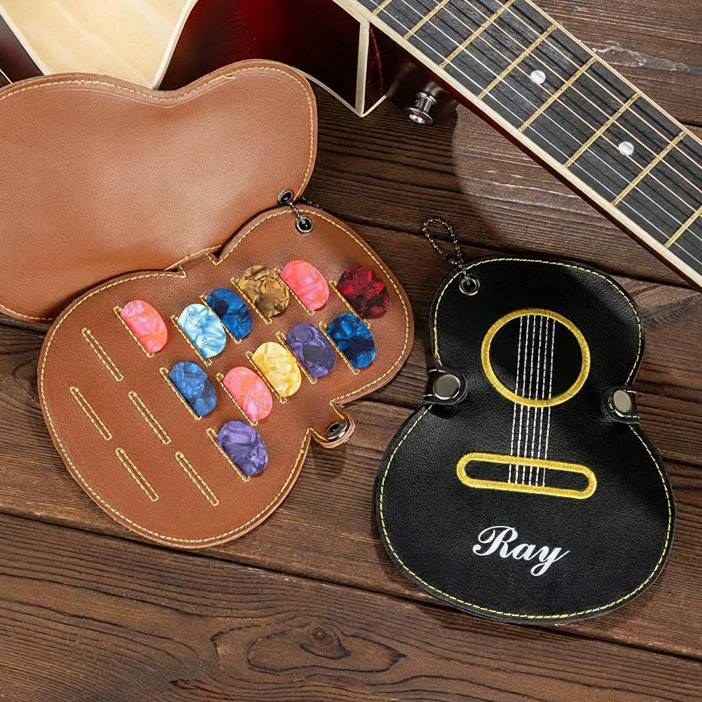 Personalized Guitar Shaped Portable PU Leather Guitar Picks Storage Case with Name and Key Ring Birthday Music Festival Gift for Guitar Player