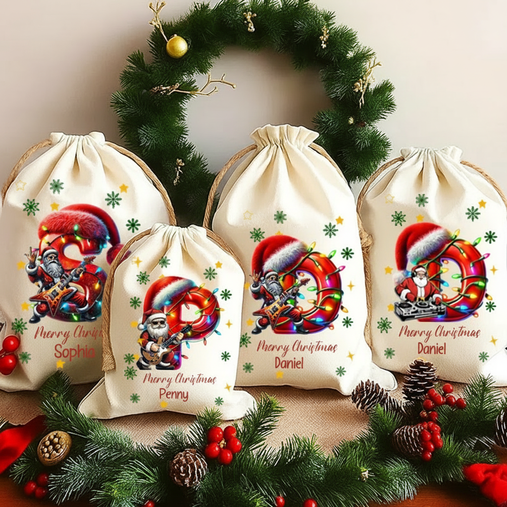 Personalized Cartoon Character Christmas Hat Light Strip Initial Large Gift Christmas Bag With Name Christmas Festival Party Gift for Music Lover
