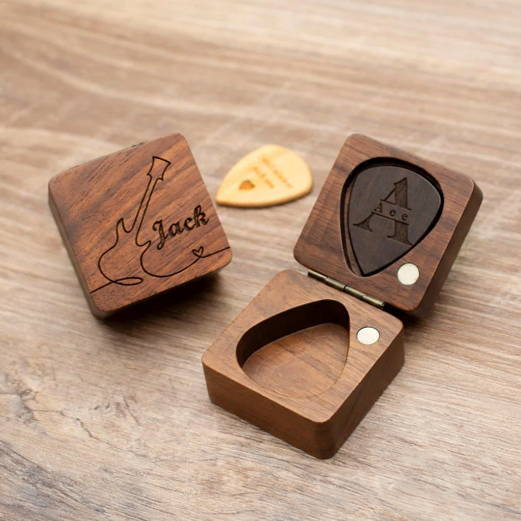 Personalized Wooden Guitar Picks with Case Custom Guitar Pick Holder Plectrum Box Guitar Player Gift
