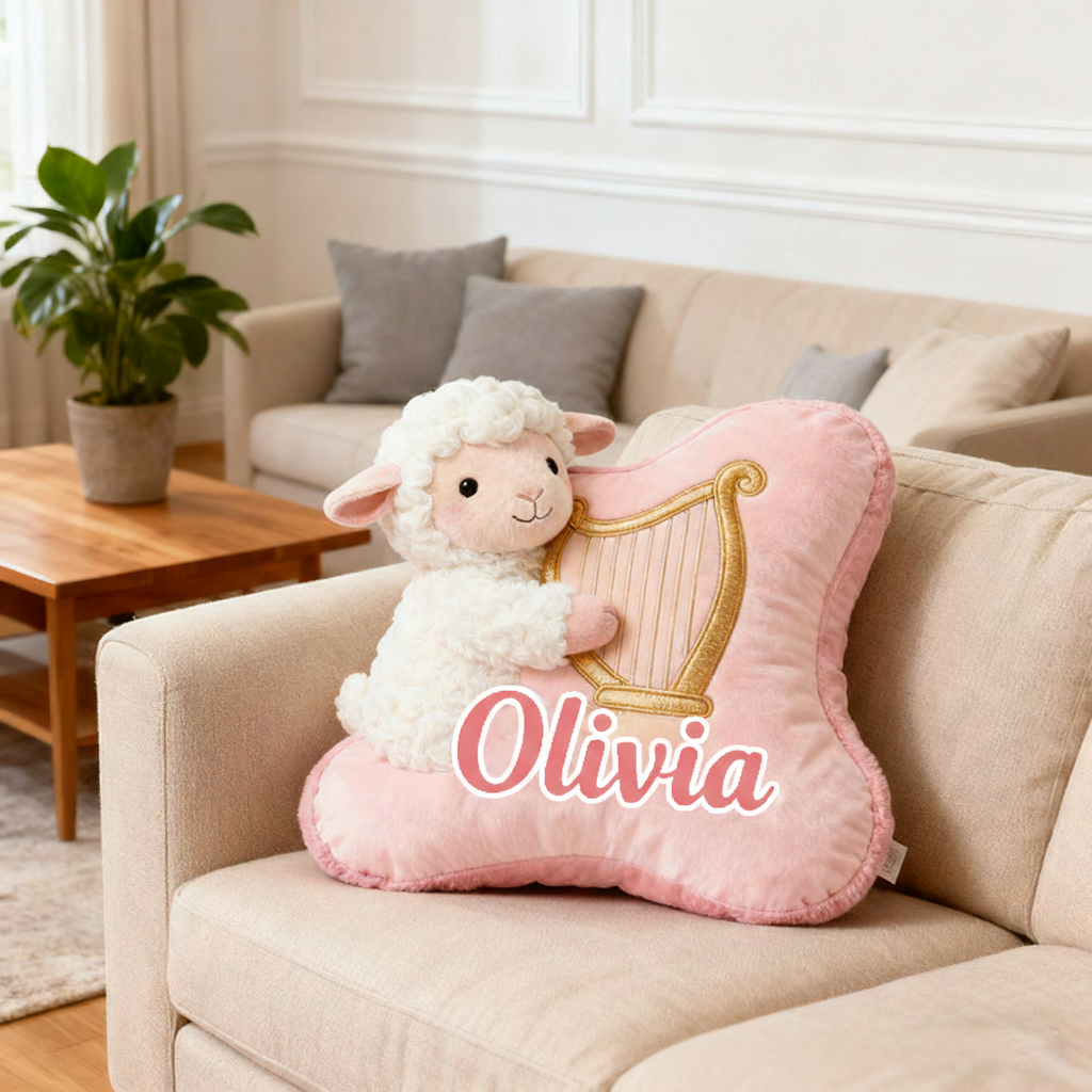 Personalized Graphic 3D Print Pink-White Sheep & Harp Pillow With Your Own Name Soft Stuffed Toy for Kids Unique Decorative Cushion for Girls' Room