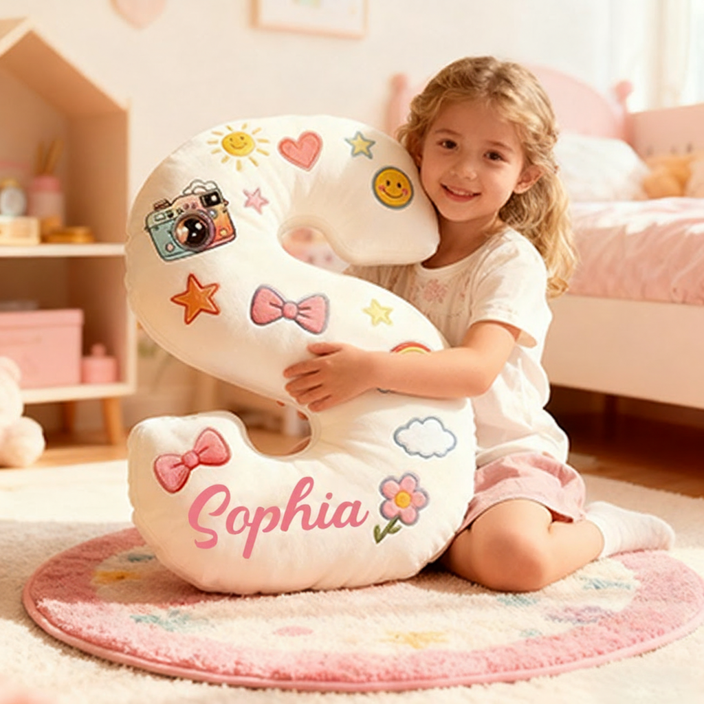 Personalized 26 Letters Shaped Christmas gift Pillow with Cute Camera Bowknots Flowers Smiley Faces Stars and Pastel Design Graphic 3D Print Pillow