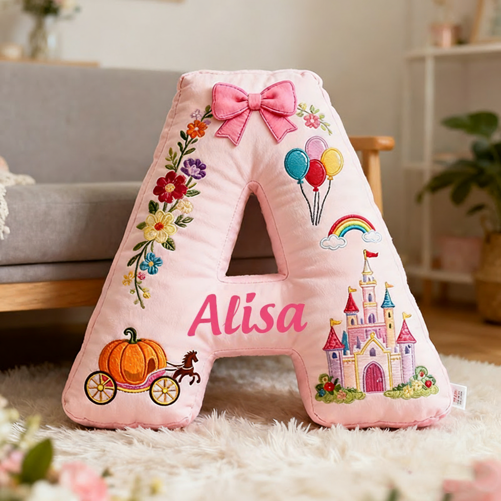 Personalized Pink Letter Christmas Gift Pillow with Castle Pumpkin Carriage Rainbow for a Fairytale Inspired Design Graphic 3D Print Pillow