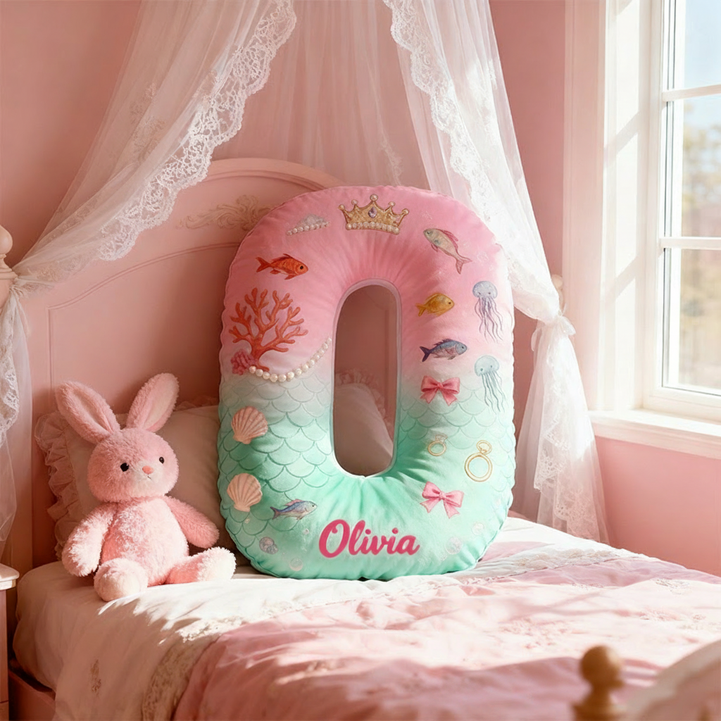 Personalized Graphic 3D Print Cartoon Ocean And Love Tale Alphabet Shaped Pillow for Cartoon Lovers Initial Pillow Christmas Gift for Kids