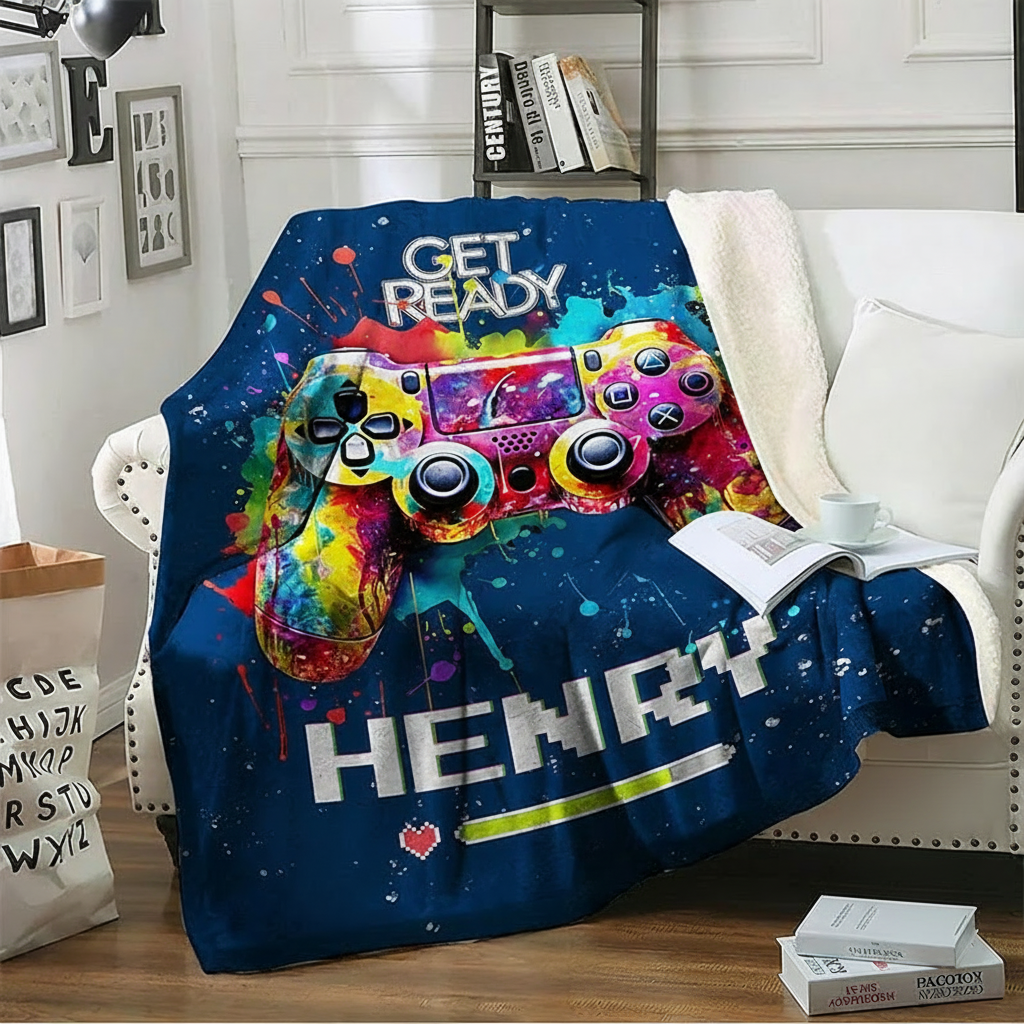 Personalized Color Ink Get Ready Gamepad Blanket Flannel Blanket Gaming Blanket with Name for Game Lovers Gamer