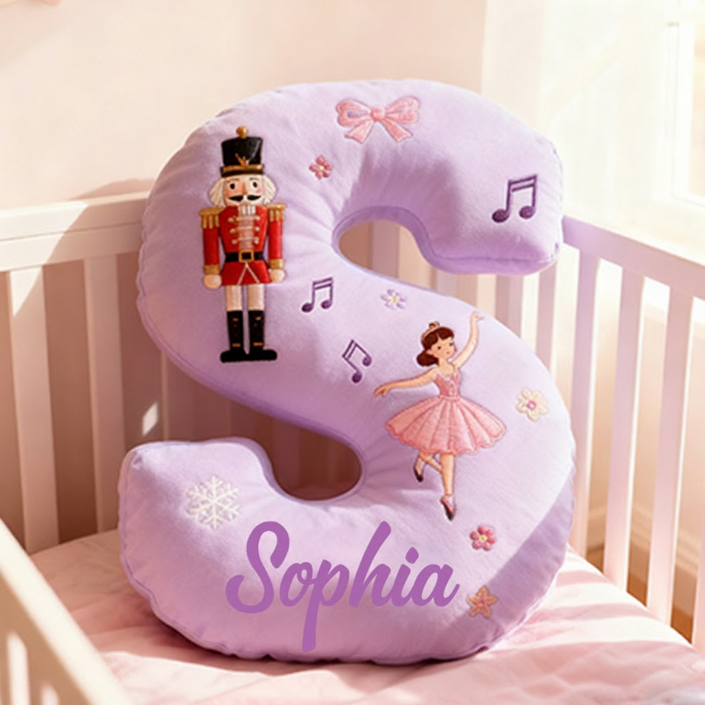 Personalized 26 Letter Purple Pillow with Nutcracker Ballerina Music Notes Snowflakes Bows and Enchanting Ballet Themed Design Graphic 3D Print Pillow
