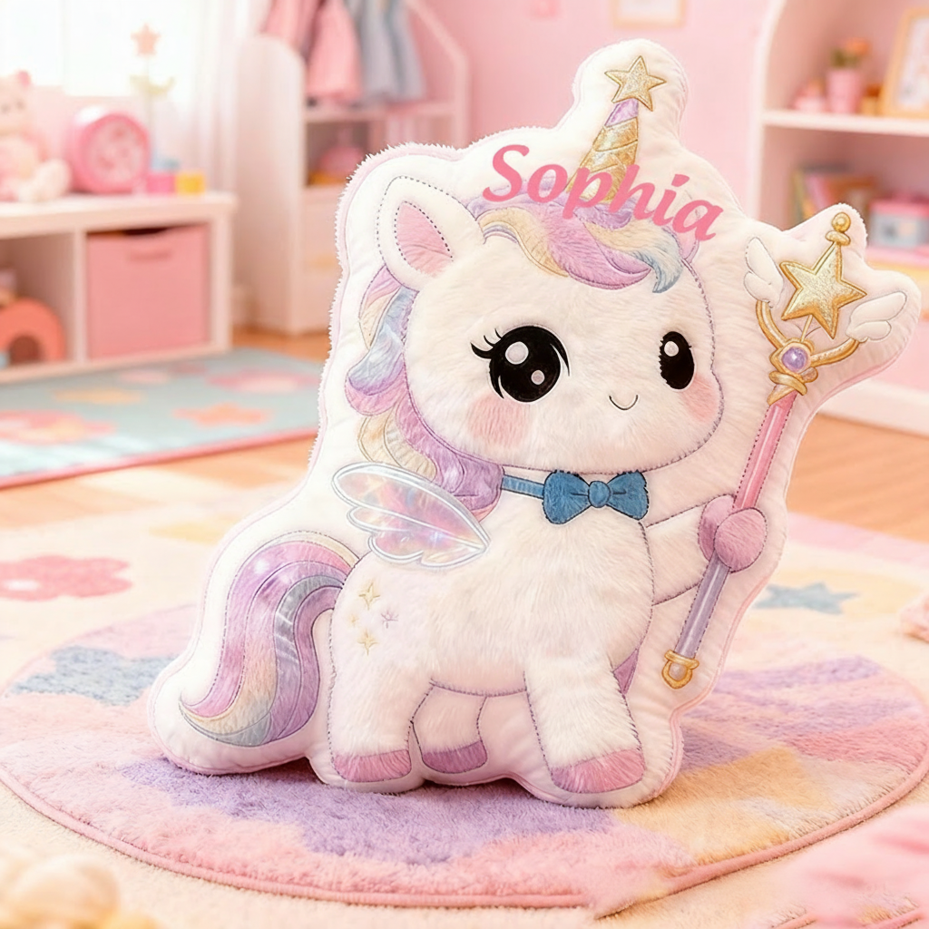 Personalized Name Pillow with Rainbow Mane Magic Wand Star Bow Tie and Glittery Wings for a Cute and Magical Design Graphic 3D Print Pillow