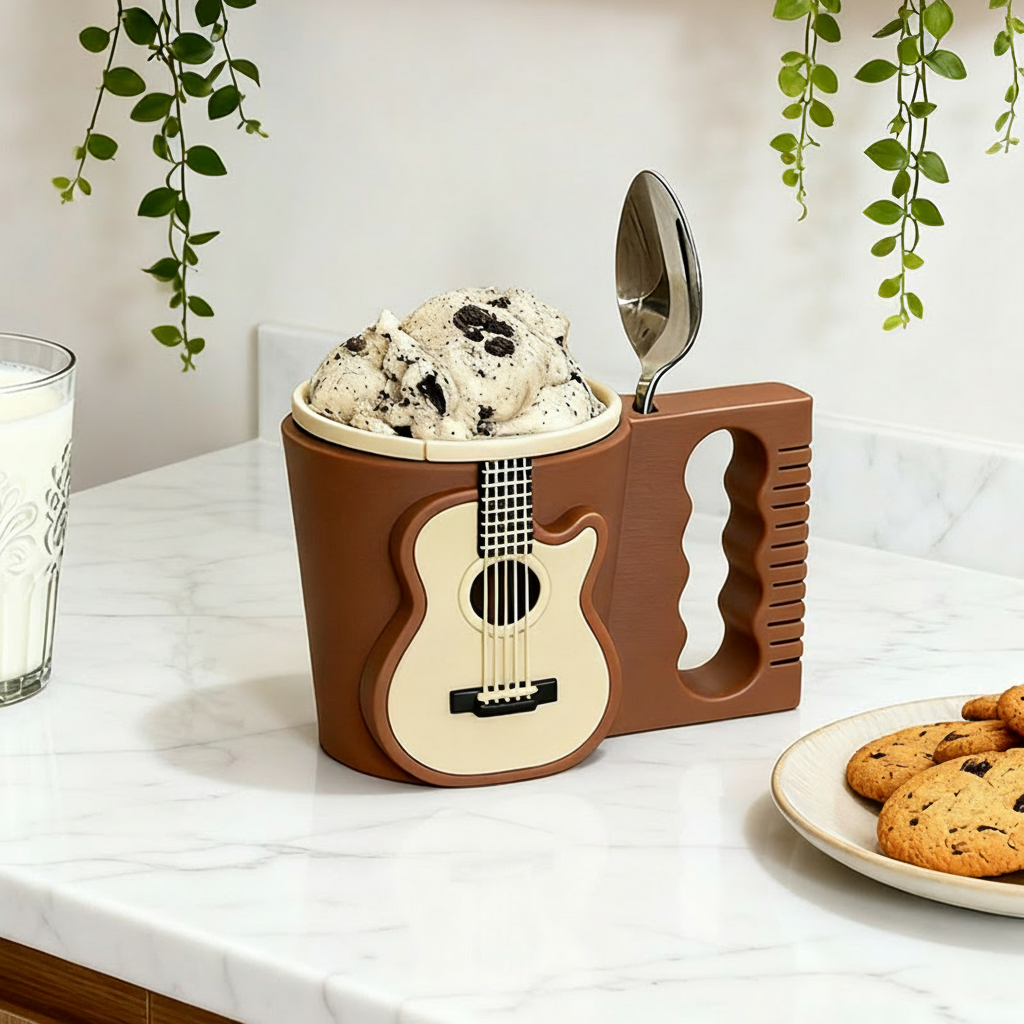 Personalized Guitar Music Ice Cream Pint Holder with Spoon Slots Eco-Friendly 3D Print for Music Lovers