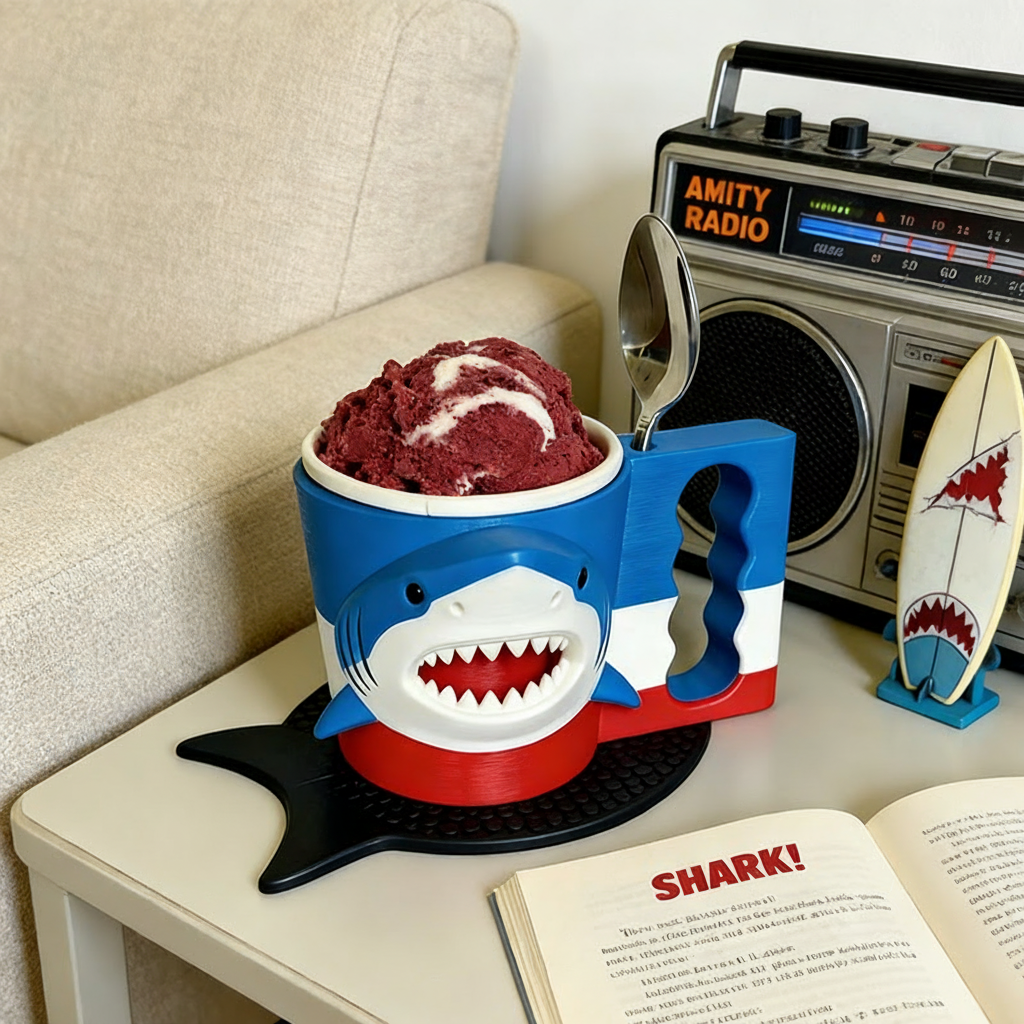 Personalized Shark Movie Ice Cream Pint Holder with Spoon Slots Eco-Friendly 3D Print for Movie Lovers