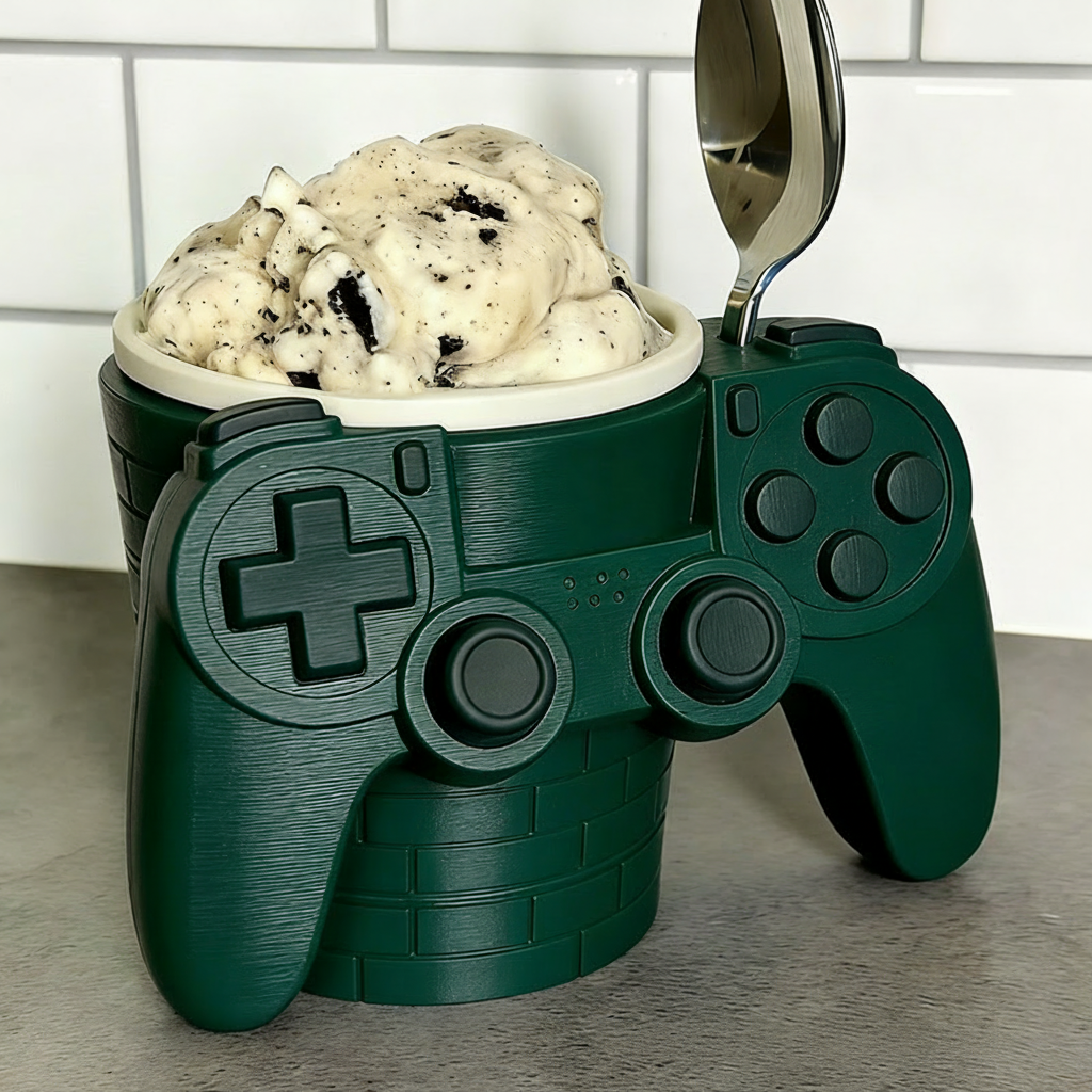 Personalized Game Controller Gamer Ice Cream Pint Holder with Spoon Slots Eco-Friendly 3D Print for Game Lovers