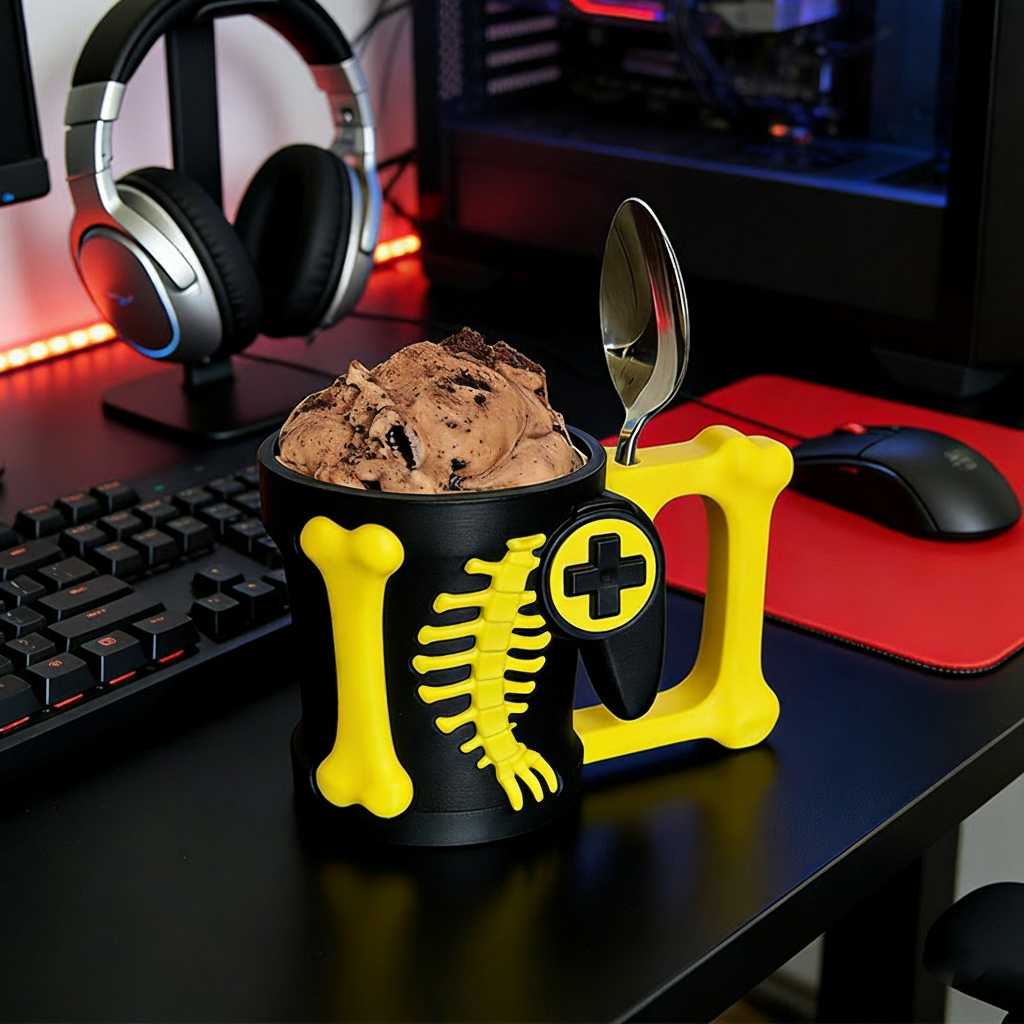 Personalized Couple Dinosaur Bone Controller Gamer Ice Cream Pint Holder with Spoon Slots Eco-Friendly 3D Print for Game Lovers