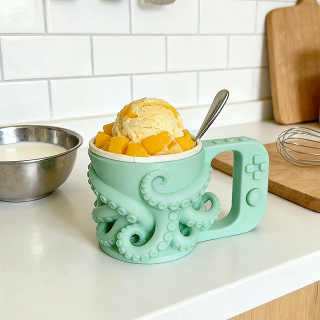 Personalized Couple Tentacle Controller Gamer Ice Cream Pint Holder with Spoon Slots Eco-Friendly 3D Print for Game Lovers