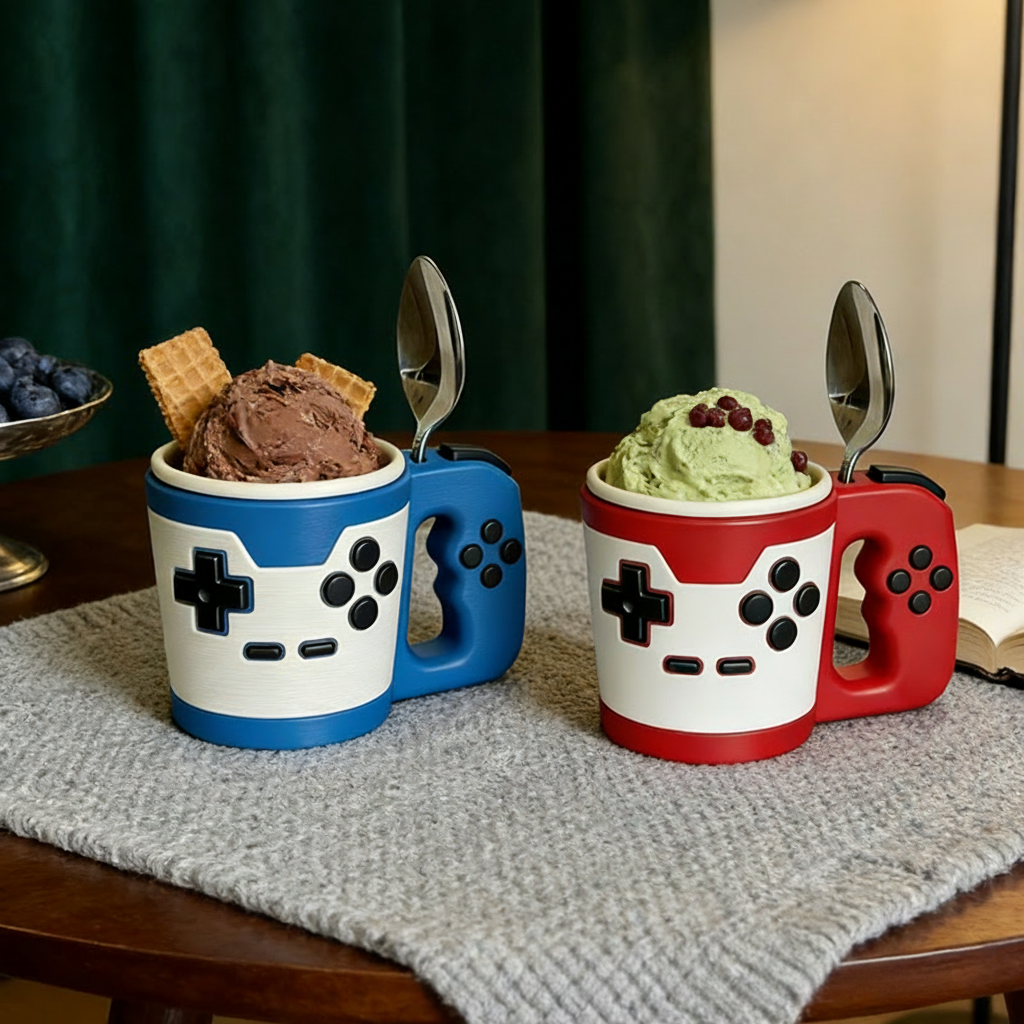 Personalized Couple Vintage Style Controller Gamer Ice Cream Pint Holder with Spoon Slots Eco-Friendly 3D Print for Game Lovers