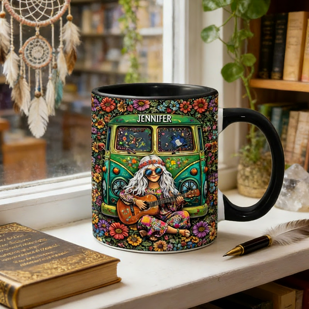 Personalized Flora Hippie Guitar Girl Music Mug Custom Name Colorful Hippie Car Hippie Coffee Mug Bohemian Coffee Mug